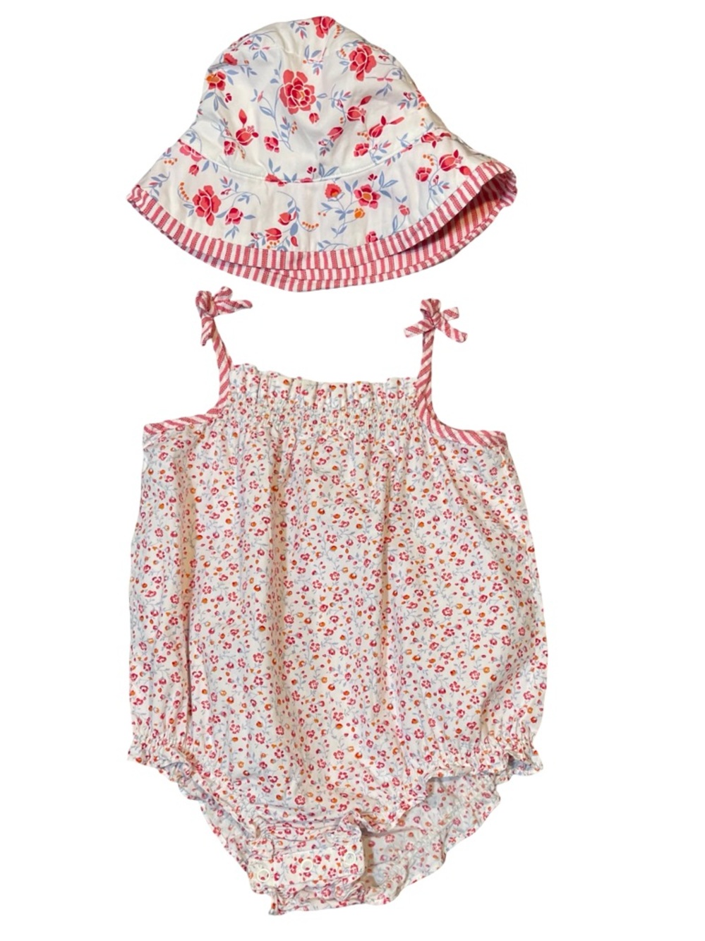 Janie and Jack French Country Girls Floral Romper & Sun Hat 6-12-18 months